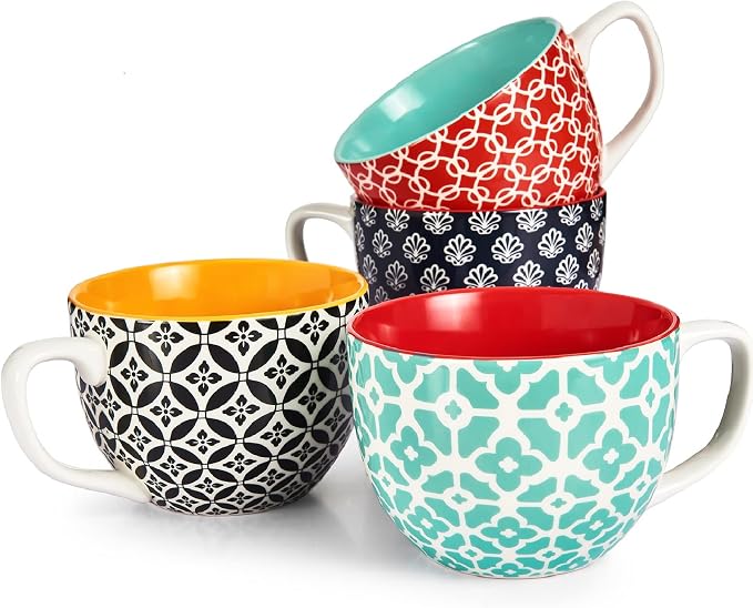DOWAN Mosaian Soup Mugs, 24oz Large Coffee Mugs Set of 4, Soup Mugs With Handles, Ceramic Mugs for Soup/Coffee/Cereal/Latte, Thanksgiving and Housewarming Gifts for Family and Friends