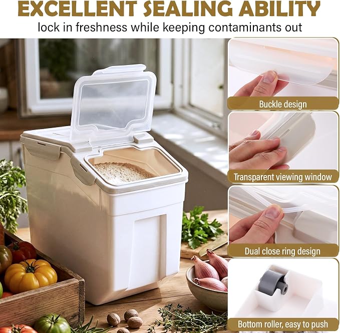 Sunnyray Flour Storage Container Bin,Rice Storage Containers with Wheels Seal Locking Lid, BPA Free with Measuring Cup Scoop for Rice Grain Pet Food Flour(55 Lbs,Beige,6 Pcs)