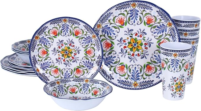 Melamine Dinnerware Set for 4-16 Pcs:Camping Dishes Set with Dinner Plates,Salad Plates,Cups and Bowls.Lightweight and Unbreakable,Indoor and Outdoor Use flower28