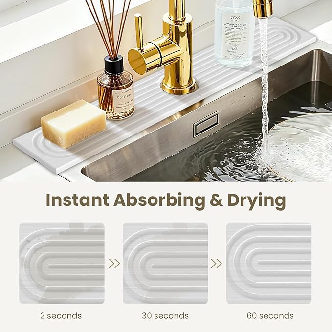 Premium Diatomite Stone Drying Mat for Kitchen Counter - Faucet Mat for Kitchen Sink, Sink Protector & Splash Guard, Quick-Dry Kitchen Sink Mat,Super Absorbent (White, 23.6" x 4")