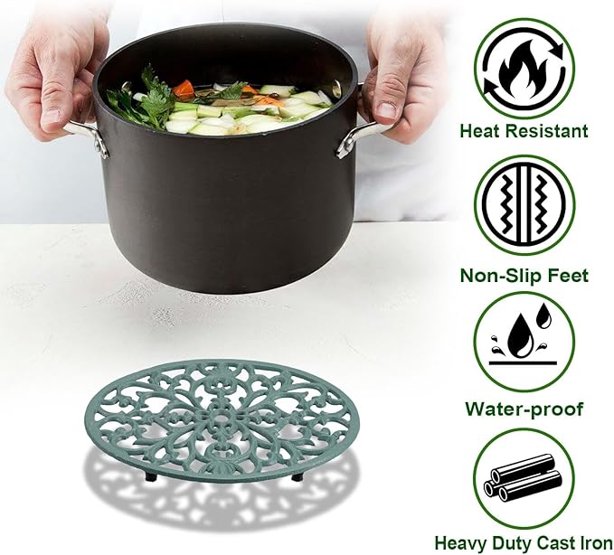 2 Pack Cast Iron Trivets, Green Oval Trivet 9.6"x7.3", Heat Resistant Metal Trivets for Hot Dishes Pots Pans Plates Teapot, Heavy Duty Cast Iron Pot Holder for Kitchen Countertops Dining Table