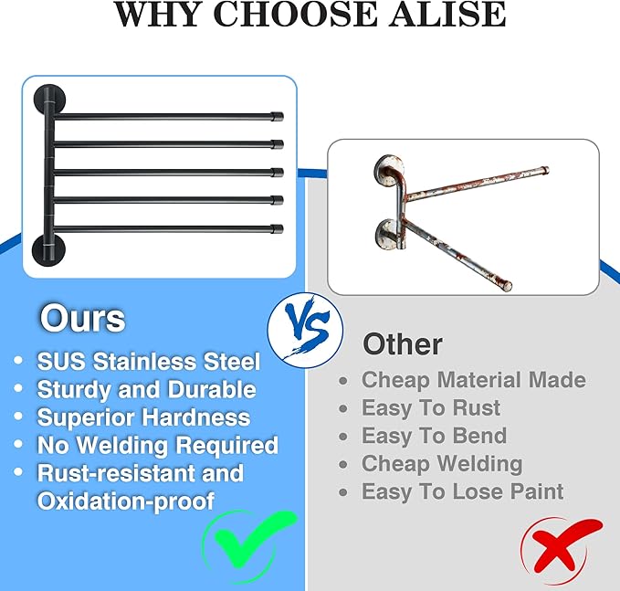 Alise Swivel Towel Rack,Folding 6 Arms Hand Towel Bars Towel Hanger for Bathroom,Wall Mount Drying Racks for Laundry,SUS304 Stainless Steel Swing Out Towel Holder Storage Space Saving,Matte Black