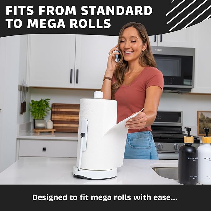 Stainless Steel Tension Arm Paper Towel Holder - Easy One-Handed Operation - This Sturdy Weighted Paper Towel Dispenser Countertop Model Has Suction Cups and Holds All Paper Towel Rolls (White)