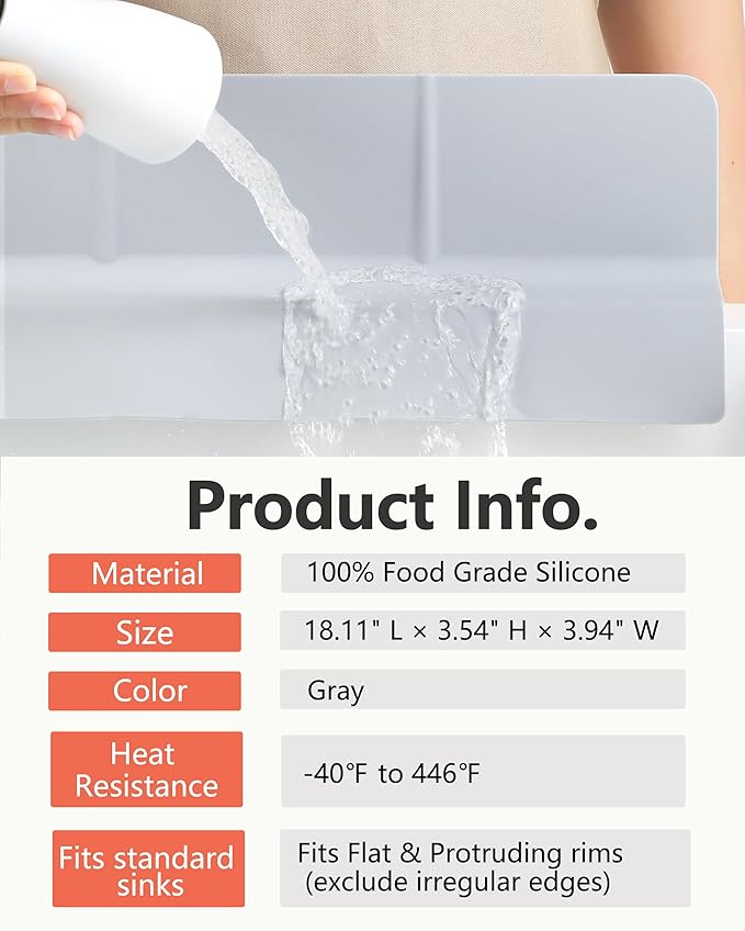 Kitchen Sink Splash Guard 18" 23" Self-Draining Silicone Water Guard with High Splash Wall & Strong Suction Cups for Faucet, Countertop & Sink Edge, Keeps Sinks Dry, Dishwasher Safe, Gray