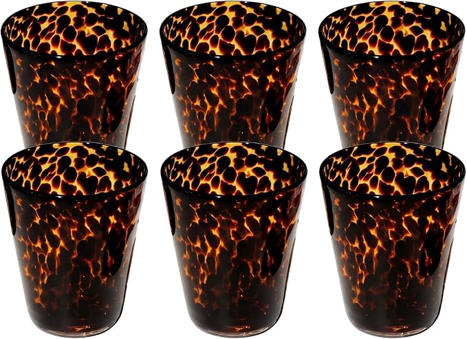 Honeydak Set of 6 Tortoise Leopard Print Brown 10 oz Rocks Glasses Stylish Stemless Cocktail Cups Glass Glassware Tumbler Ideal for Gin, Tequila, Vodka, Soft Drinks