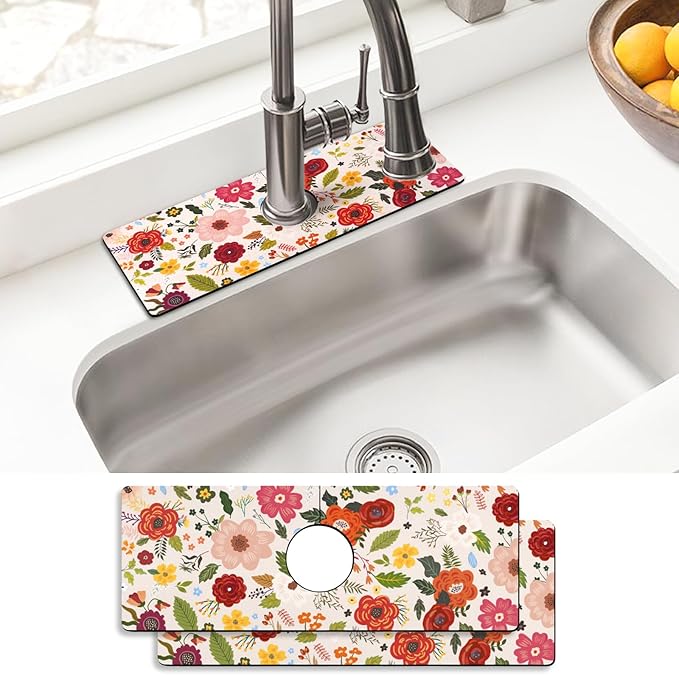 Sink Faucet Absorbing Mat, 2 Pack Drying Mat Around Faucet Sink Splash Guard Behind Faucet Sinkmat For Kitchen Bathroom Island Rv 15 * 5.5 Inch (38 * 14 cm)