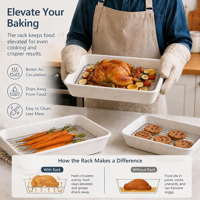 ONEMORE Baking Dishes for Oven, 9x13 Large Casserole Dishes for Oven with Roasting Racks, Rectangular Ceramic Baking Dish Set of 3 for Cooking & Serving, Deep Dish Lasagna Pan (3QT/2.1QT/1.3QT)