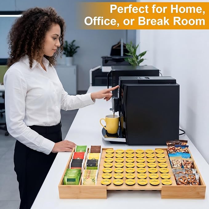 SiliFine Bamboo Pod Holder Compatible with K Cup, 42 Pod Capacity Drawer Organizer, Expandable Coffee Capsules Storage for Tea Bags, Espresso Capsules, Home Office Kitchen Accessories