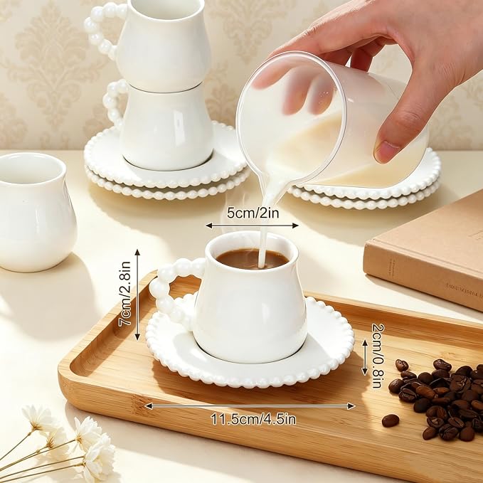 Coffee Cup Set of 6 with Saucers, 3.5 OZ Ceramic Espresso Cups, Demitasse Coffee Cup Gift for Double Shot, Latte, Cafe Mocha, Dishwasher & Microwave Safe, Elegant Deco (Pure White / 100 ml / 6 Sets)