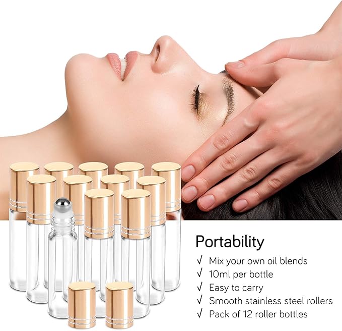 PrettyCare 12 Pack, 10 ml Essential Oil Roller Bottles with Stainless Steel Roller Ball - Refillable Leak-proof Empty Thick Clear Glass Roll on Bottles with Metal Caps for Travel, Perfume