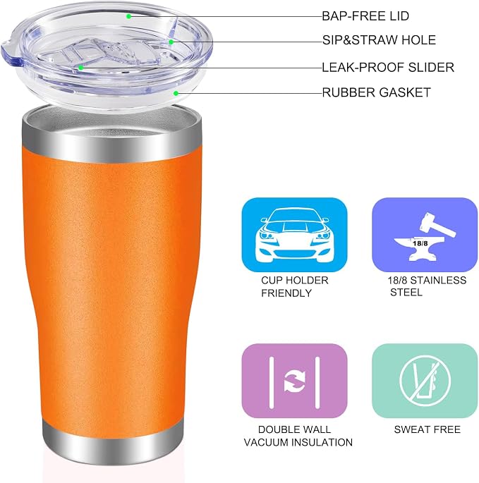 VEGOND 20oz Tumbler Stainless Steel Tumbler Cup with Lid And Straw Vacuum Insulated Double Wall Travel Coffee Mug(Orange 12 Pack)