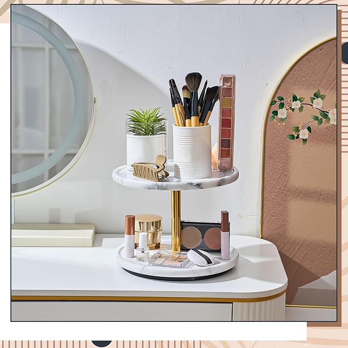 Colingmill 2-Tier Marble Lazy Susan, 10'' Circular Marble Stone Decorative Tray Organizer, Rotating Bathroom Turntable, Kitchen Spice Rack Organizer for Countertop Vanity Dresser Dining Table Pantry