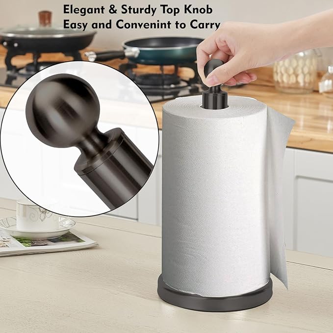 Kalitro Paper Towel Holder Countertop, Standing Paper Towel Roll Holder for Kitchen Bathroom, with Weighted Base for One-Handed Operation, No Wobbly (Stainless Steel Base, Black)