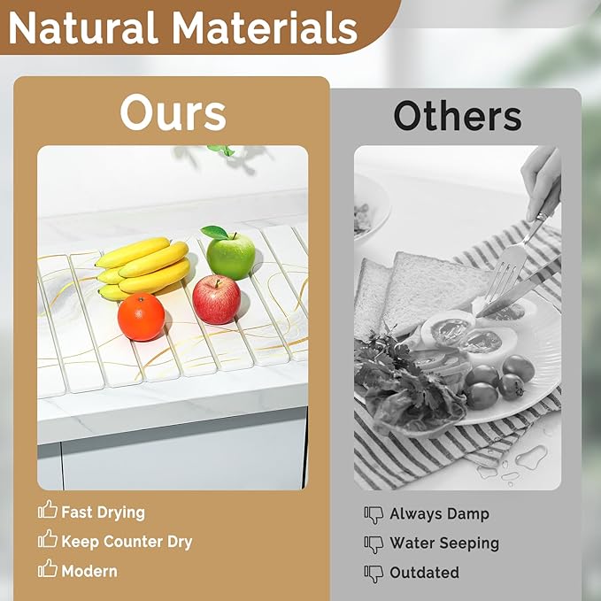 Large Stone Dish Drying Mat for Kitchen Counter, 2PCS Quick Dry Stone Dishes Mat,Foldable Water Absorbing Drying Organizer Pad for Plate Rack Bottles Utensils(Printed White Gold 24"×16" & 8"x4")