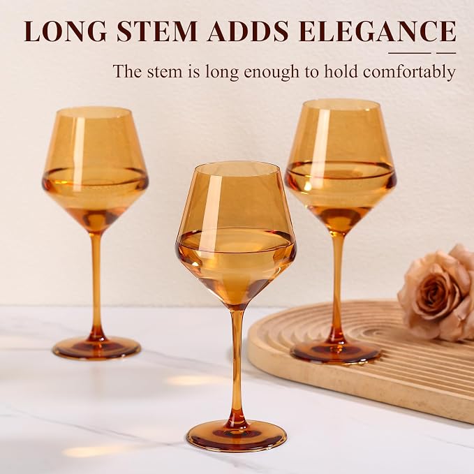 Amber Wine Glasses Set of 6-17.5oz Long Stem Crystal Wine Glasses, Handcrafted Blown Colorful Stemware, Elegant Drinkware Gift for Wedding Housewarming Wine Enthusiasts