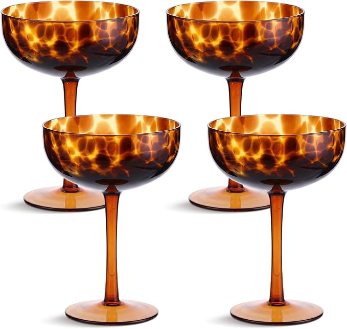 Honeydak Set of 4 Tortoise Leopard Print Brown 7oz Rocks Glasses Stylish Stemless Cocktail Cups Glass Glassware Tumbler Ideal for Gin, Tequila, Vodka, Soft Drinks (Goblet)