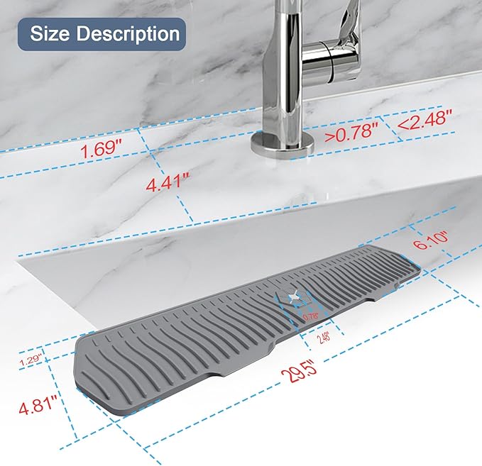 Sink Drain Mat Behind Faucet,Faucet Guard Draining Mat, 90° Foldable Tap Draining Mat for Kitchen Sink with 2 Water Ports, Faucet Drain Mats for Kitchen, Bathroom, etc (Gray, 29.5"*6.1")