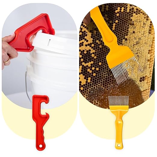 10 PCS Honey Harvesting Beekeeping Tool Kit, 5 Gallon Bucket with Gate, 50 Pairs Gloves, 58-90% Brix Scale Range Honey Moisture Tester, Honey Pail Kit Gate Strainer Uncapping Knife Scraper