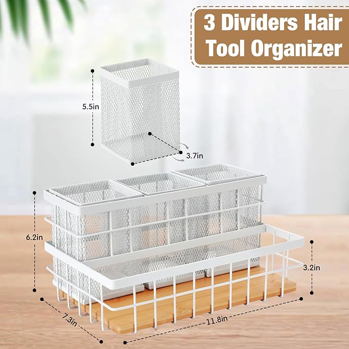 AceOrbit 1 Pcs 1pcs Hair Tool Organizer Countertop Breathable Metal Bamboo Hot Tools Vanity Organizer Under Sink Bathroom Hair Dryer Holder Countertop Brush Comb Holder Tray (Natural Bamboo,White)