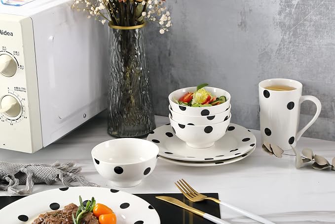 16-Piece Black and White Polka Dot Dinnerware Set for 4, Modern Porcelain Plates and Bowls Set, Ceramic Dish Set with Mugs, Dishwasher & Microwave Safe, Elegant Kitchen Gift - White