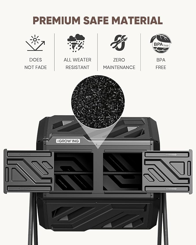 THE Growing 43 Gal Outdoor Compost Bin Tumbler for Backyard Garden, Black | Twin 21.5gal heat-absorbing chambers. Pre-embedded nuts for fast outdoor setup. Durable resin deters pests and bad odors.
