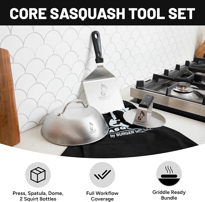 Sasquash Burger Press Kit, 5 Piece Smash Burger Set, Smash Burger Press, Spatula, Melting Dome and 2 Squirt Bottles for Griddle and Grill, Stainless Steel, Kitchen Gadgets, Grilling Accessories