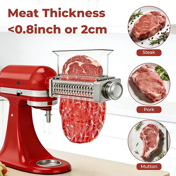 Stainless Steel Meat Grinder & Meat Tenderizer Attachments Compatible with KitchenAid Stand Mixer, 3 Adjustable Thickness - Includes 4 Grinding Plates, 3 Sausage Stuffer Tubes & Burger Press