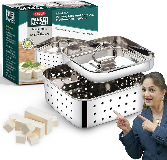 PANCA Stainless Steel Paneer Maker Mould Medium Size, Paneer Press with Lid, Tofu Press Mould Maker, Whey Seperator (Square, 450ml Capacity)