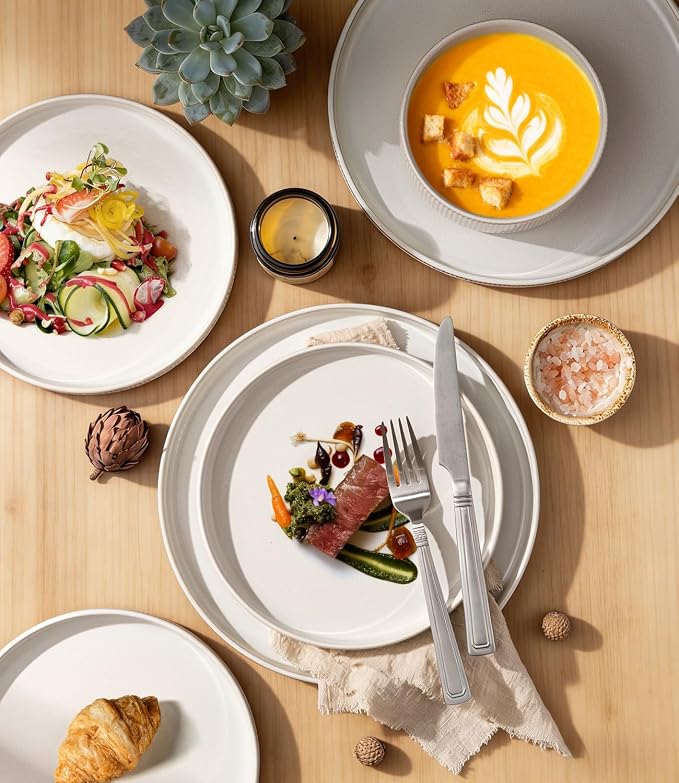 GBHOME Stoneware Dinnerware Sets for 4, 12 Pieces Lightweight Ceramic Ribbed Plates and Bowls Set, Reactive Glaze Stackable Plate Sets, Scratch Resistant Dishes, Microwave & Dishwasher Safe,Cream