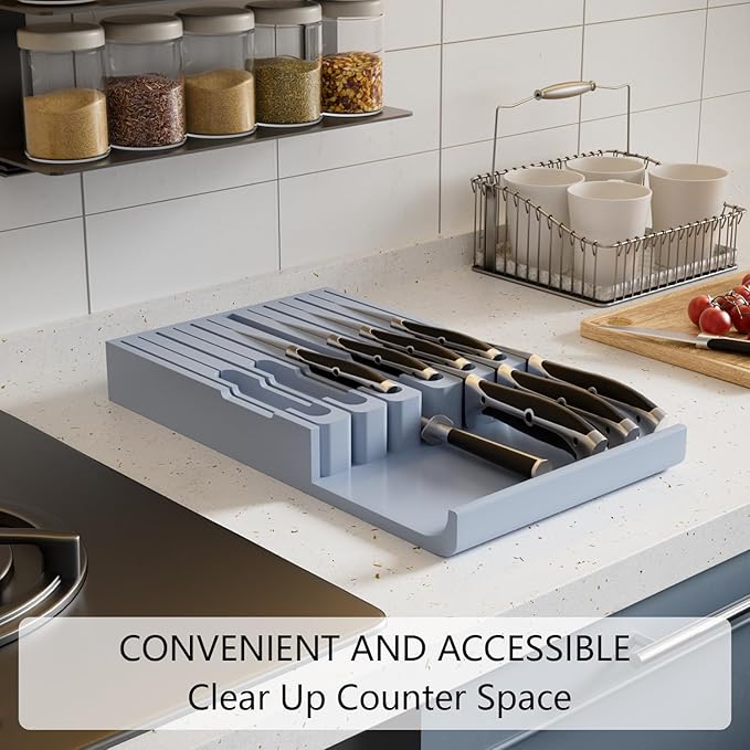 Domax Bamboo In-Drawer Knife Block Kitchen Knife Organizer Insert for 12 Knives and 1 Sharpening Steel(Not Included), Steak Knife Holder, Gray