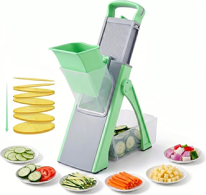 Safe Mandoline Slicer for Kitchen, Adjustable Vegetable Cutter with Container, 40+ Cuts No Blade Change, 0.1-8mm Thickness, Stainless Steel Blades for Potato, Onion & Salad (Green)