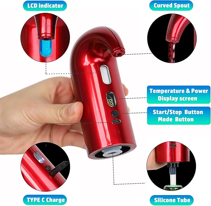 Electric Wine Aerator Pourer, Portable Automatic One-Touch Decanter Dispenser Pump for Red and White Wine with USB Rechargeable Battery