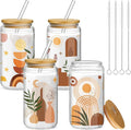 Mumufy 4 Pack Wildflower Glass Cups Gift Aesthetic Cute Glass Cup Tumbler Flower Iced Coffee Mugs 16 oz with Bamboo Lid & Straw, for Wedding Birthday Bridesmaid Mom Baby Shower