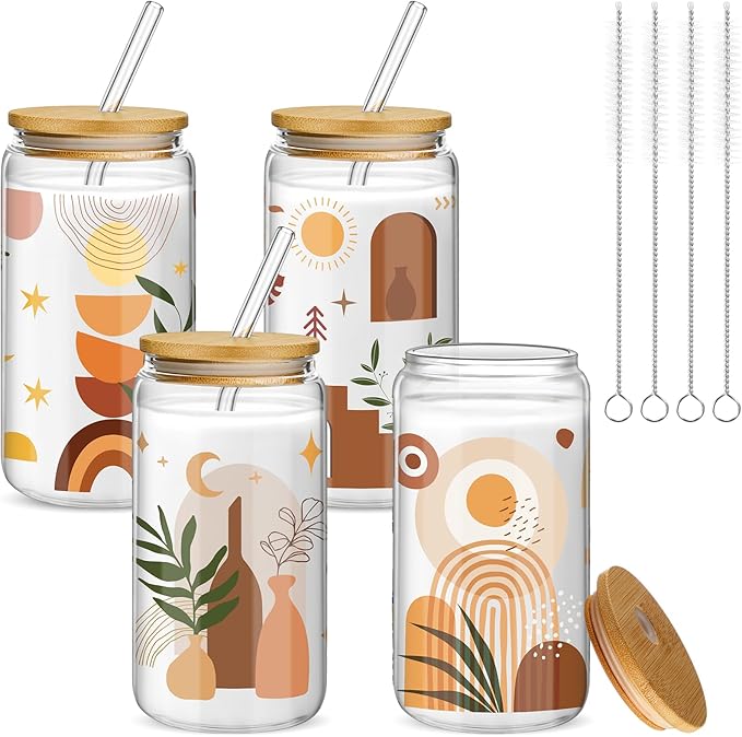 Mumufy 4 Pack Wildflower Glass Cups Gift Aesthetic Cute Glass Cup Tumbler Flower Iced Coffee Mugs 16 oz with Bamboo Lid & Straw, for Wedding Birthday Bridesmaid Mom Baby Shower