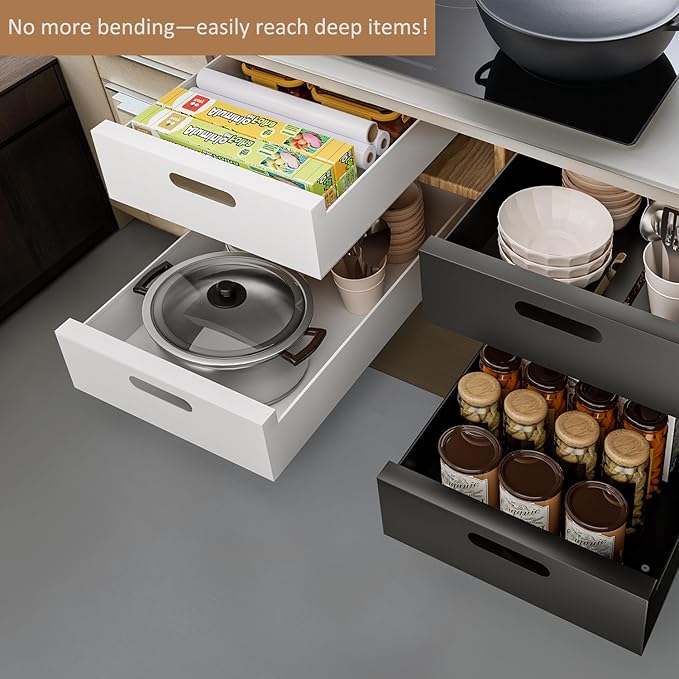 HBL' 1 Pack | 21" Deep Pull Out Cabinet Organizer Adhesive, 10-Inch Wide Sturdy Carbon Steel Roll-Out Drawers, Designed for Frameless Cabinets, Slide-Out Shelves for Pantry.