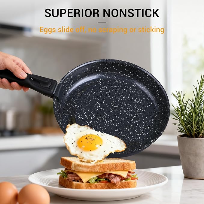 Ammeloo 21pcs Ceramic Pots and Pans Set Non Stick with Detachable Handles and Egg Frying Pan & 22-Piece Baking Pans Set Stackable Bakeware