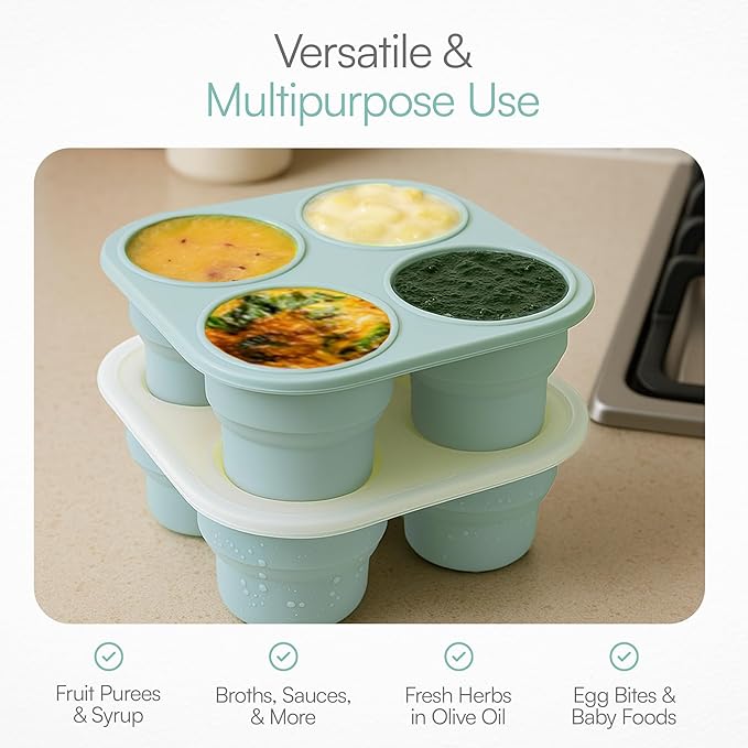 Silicone Freezer Tray with Lid - Stackable 2 oz Large Ice Cube Molds for Homemade Purees, Egg Bites, Broth Food Storage - Dishwasher Safe - MOODY BLUE
