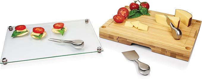 TOSCANA - a Picnic Time brand Concerto Glass Top Cheese and Knife Set - Charcuterie Set - Glass Top Cutting Board, (Bamboo)