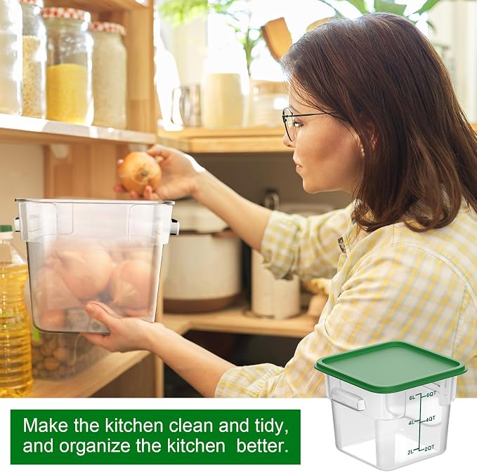 FoldTier 2 Pieces Square Food Storage Containers Polycarbonate Clear Food Container with Lid Commercial Food Storage with Graduations for Commercial Kitchen Dough Marinating Meat(Green, 6 Qt)