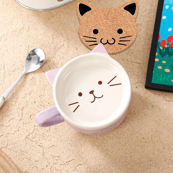 BigNoseDeer Cute Cat Mug Kawaii Tea Cup Purple Ceramic Coffee Mug with lid,Tea Cups and Saucers for Dessert Cute Gifts Cat Gifts for cat Lovers Christmas gifts 10oz(Purple)