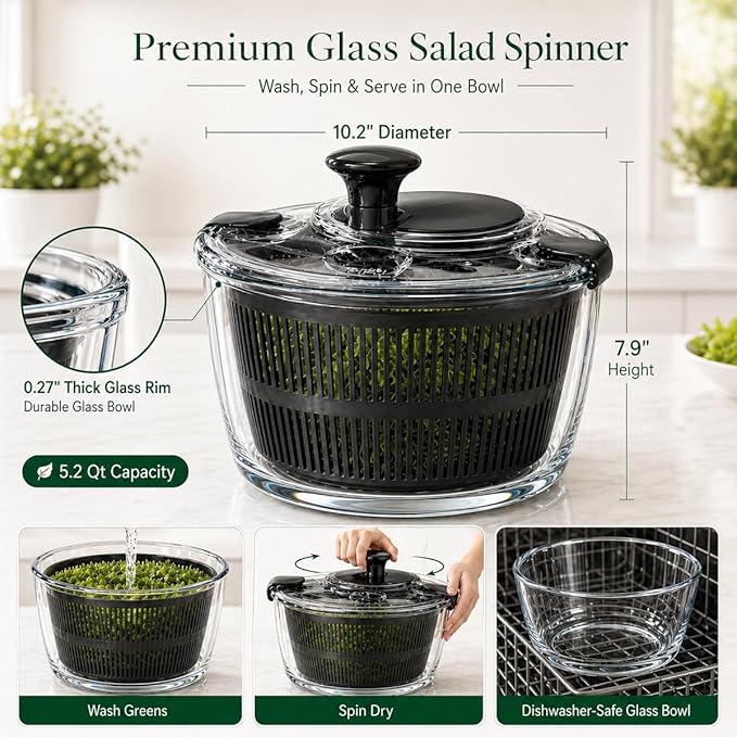 Large 5.2 Qt Glass Salad Spinner Vegetable Dryer with Drain Microwave Safe Dishwasher Safe with Transparent Lid Crank Handle Quick Spin Greens Washer for Lettuce Herbs Fruits (black)