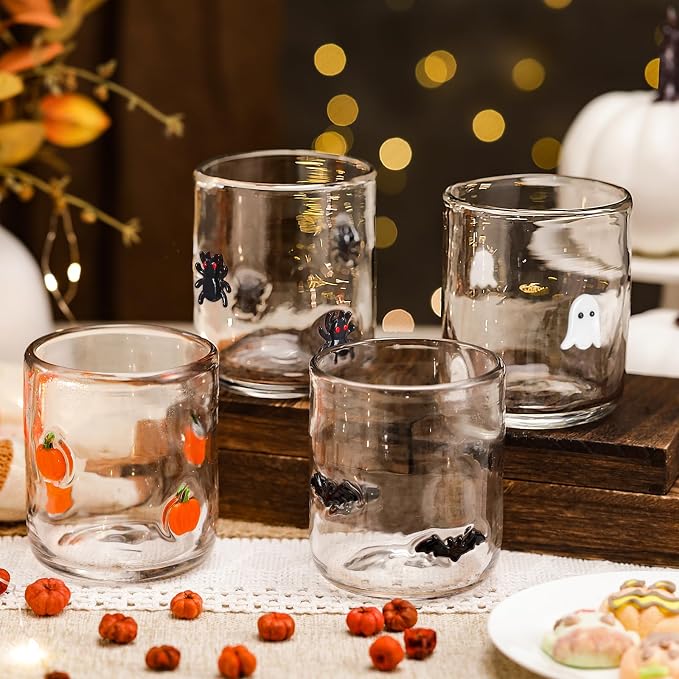 Skylety 4 Pcs Halloween Icon Glass Cups Set - 14oz Pumpkin Spider Bat Ghost Stemless Wine Glasses Double Old Fashioned Icon Hand Blown Drinking Cups for Halloween Party Supplies & Gift