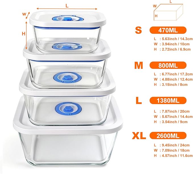 PARAPOINT Vacuum Seal Borosilicate Glass Containers for Food Storage, 3 Sizes (S M L) Compatible with Desktop and Handheld Vacuum Sealer Machines, Airtight Lid Set