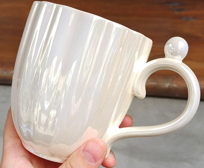Pearl Ceramic Coffee Mug for Tea Latte Milk Cute Love Shape Cup for Home Office Women Gift 6.5 oz (Shell White, 420 ml)