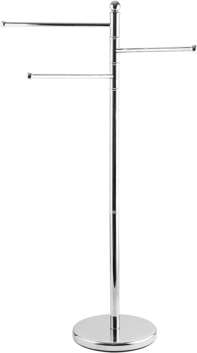 MyGift 40-Inch Silver Metal Freestanding Towel Rack for Bathroom with 3 Swivel Arms