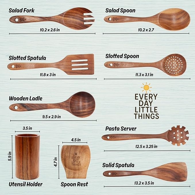 9 Piece Natural Teak Wooden Kitchen Utensil Set with Spoon Rest, Utensil Holder, Hanging Hooks, Heat Resistant, Non-Scratch Tools for Nonstick Cookware