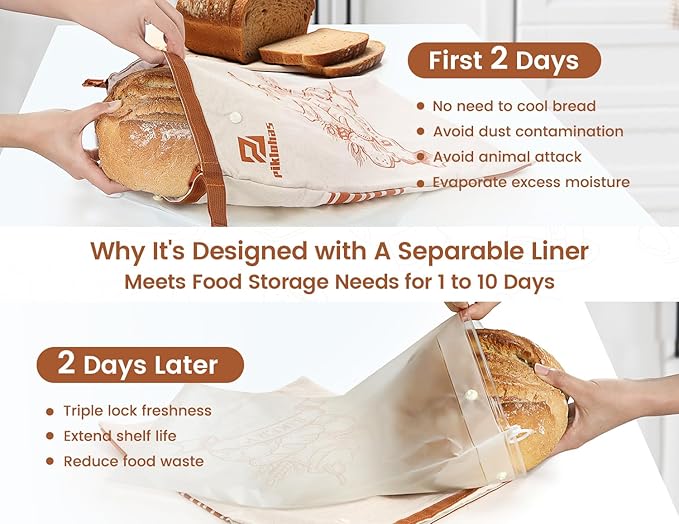 Piklohas Sourdough Bread Bags, 2 Sets Detachable Bread Storage for Homemade Sourdough, Reusable Linen Food Storage with Lining & Triple Lock for Fresh Keeping, BPA Free, Christmas Baking Gifts
