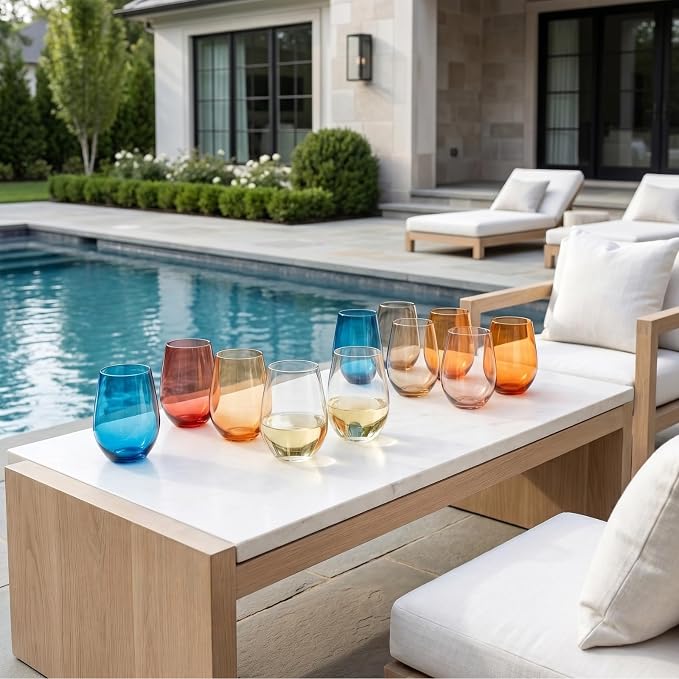 Khen European Style Shatterproof Tritan Stemless Wine Glasses, Acrylic Glass Drinkware, Unbreakable Colored, 12- Set - BPA-free plastic, Reusable, Dishwasher Safe, All Purpose Glassware 15oz - (Muted)