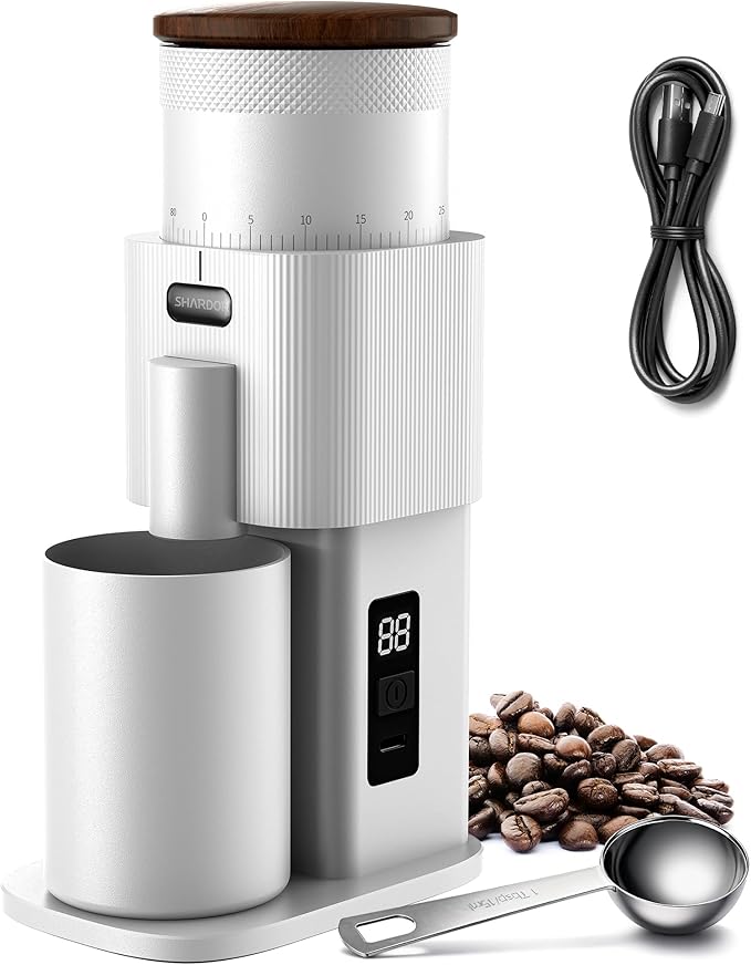 SHARDOR All-Metal Single-Dose Coffee Grinder – Quiet DC Motor, Home-use Espresso Grinder, Burr Coffee Grinder, with 80 Settings and an LED Power Display，White