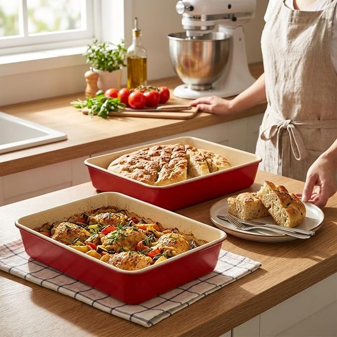 9x13 Inch Baking Pan, 2 Pack – Heavy Duty Carbon Steel Non-Stick Lasagna Pan, Deep Rectangular Cake Pan for Casseroles, Brownies & Roasting, Warp-Resistant, Oven Safe to 450°F, PFOA Free